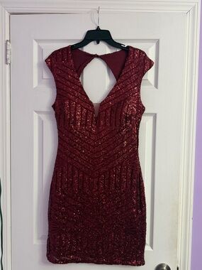 NWOT Cap Sleeve Short Mini Sheath Dress with Burgundy Red Sequins